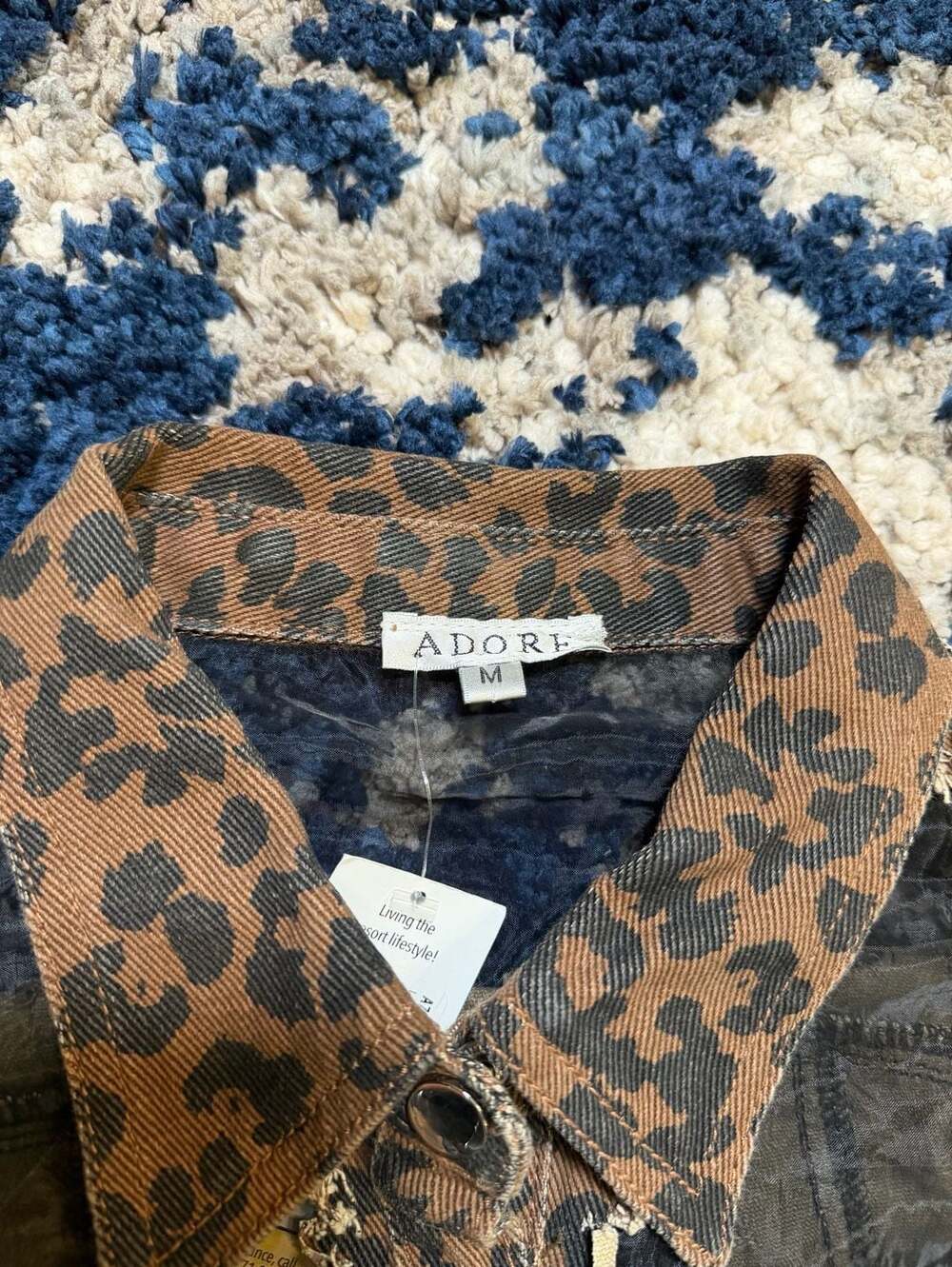 Adore Leopard Print Mesh Panel Distressed Denim Jacket Size M - Picture 3 of 5